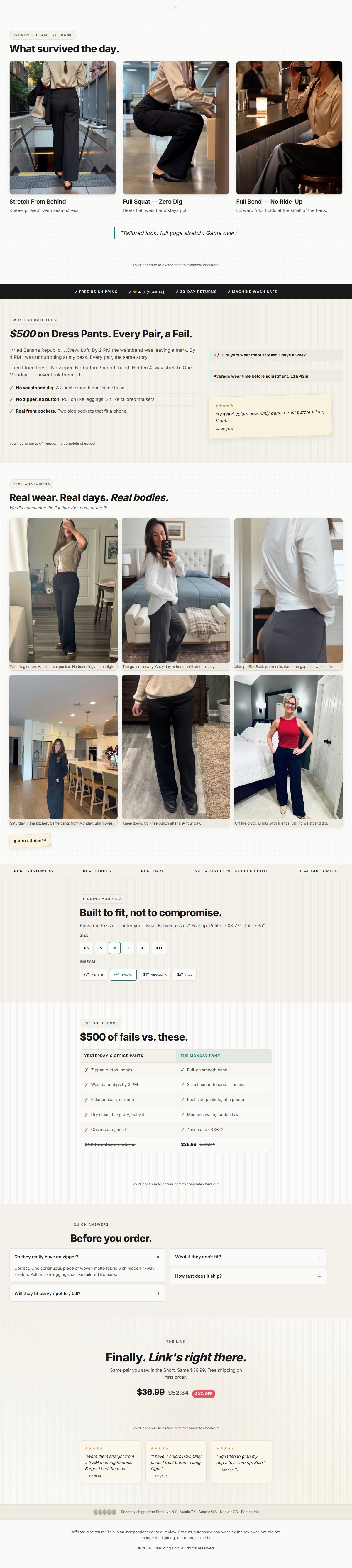 Receipts, real story, real customers, size guide, FAQ, final CTA