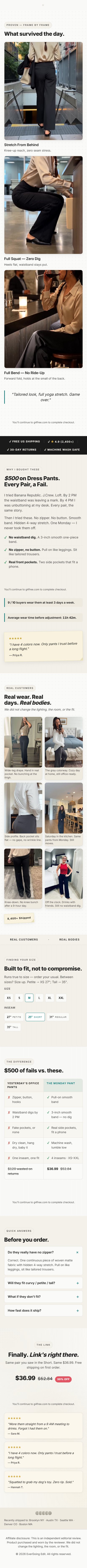 Receipts, real story, real customers, size guide, FAQ, final CTA